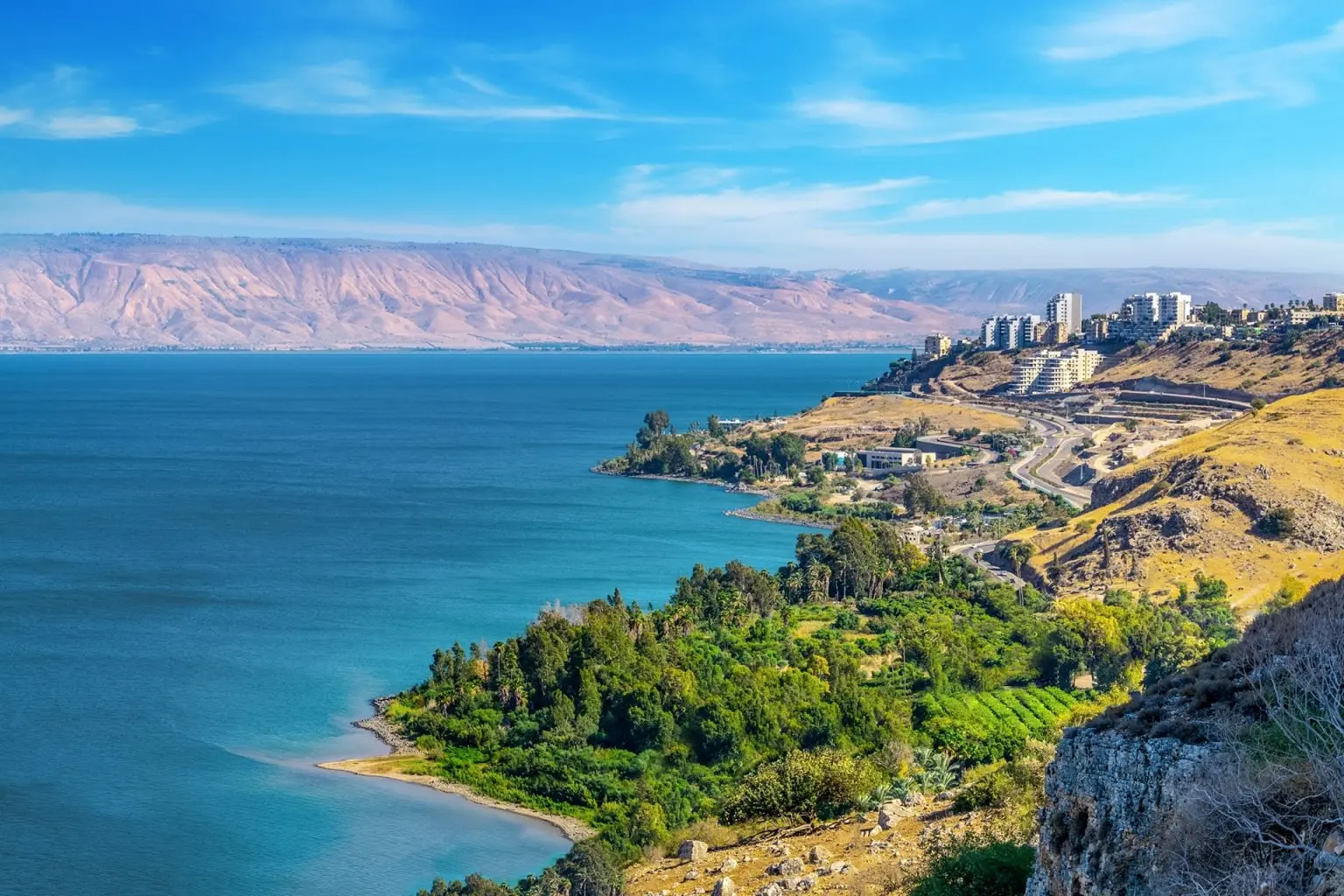 The Sea of Galilee seen from the hills above its western shore, with the Golan Heights across the water