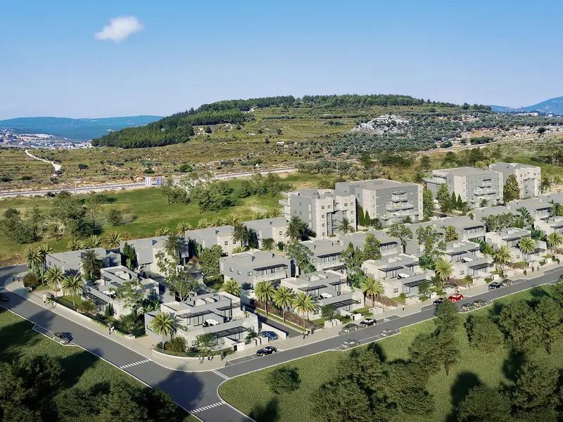 Render of the Elita neighborhood spread across a hillside in Kfar Vradim